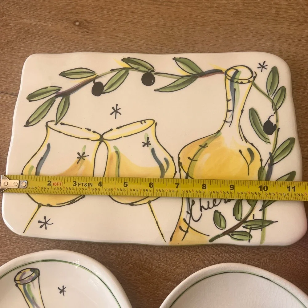 Vtg‎ Julia Junkin Hand Painted Ceramic Wine Olive Appetizer Set Plates 3pc